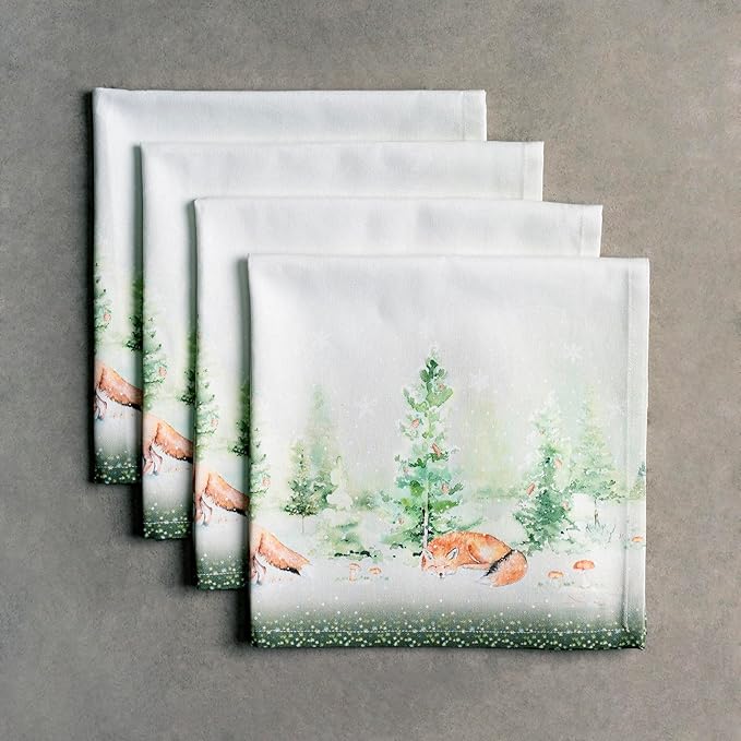 Maison d' Hermine Cloth Napkins Set of 4 100% Cotton for Thanksgiving Christmas Decorations Everyday Reusable Square Fall Napkins Cloth Washable Dinner Party (Winter Mornings, 20"x20")