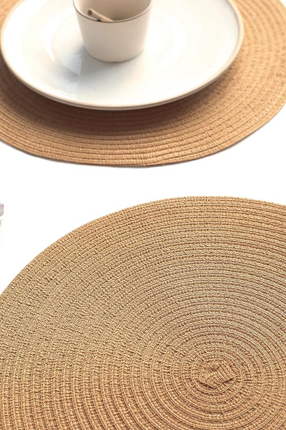 Floroom 15 Inch Round Braided Placemats Set of 4, Washable Heat Resistant Cotton Polyester Circle Place Mats for Kitchen Dining Table - Brown