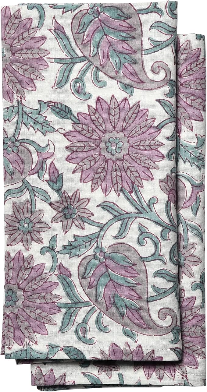 CPC Cloth Napkins 100% Cotton Set of 4 Reusable Napkins, Indian Block Print Toile Floral Dinner Napkin, Fall Thanksgiving Christmas Holiday Party Gift - Soft Absorbent Napkin, 18"x18" Lavendar Flower