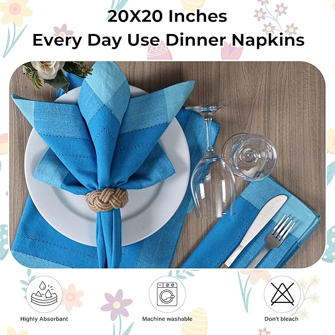 HOMIDATE Cotton Cloth Napkins Set of 12 – 20x20 Teal Blue Multi Double Hemstitched – Machine Washable Dinner Napkins for Weddings, Parties & Father’s Day Celebrations