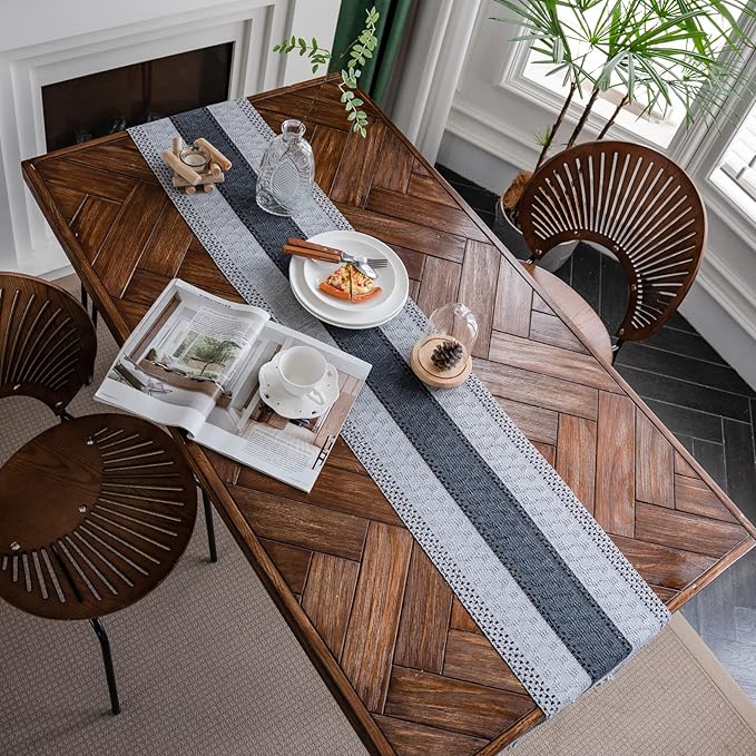 Alynsehom Macrame Table Runner Grey Boho Table Runners with Tassels Hand Woven Cotton Table Runner Rustic Farmhouse Table Runners for Bohemian Kitchen Dining Table(12x95in)