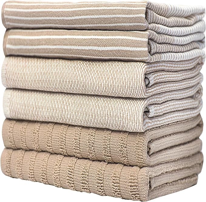 Premium Kitchen Towels (20”x 28”, 6 Pack) | Large Cotton Dish Towels | Flat & Terry Highly Absorbent Kitchen Linen Set with Hanging Loop | Tan