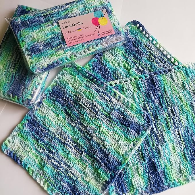 Cotton colorful dishcloth reusable set of 3, Knitted absorbent bright mini towels Dark blue-light green crochet square rags ecology