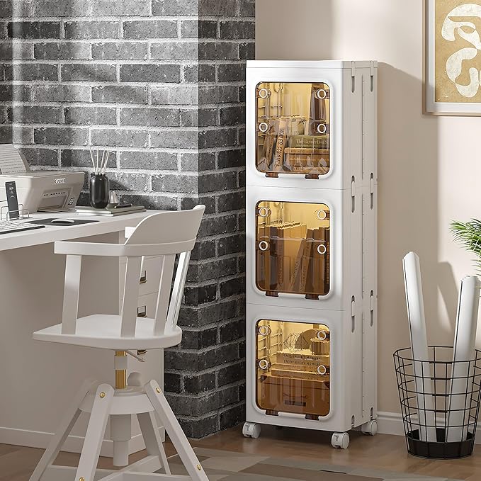 VECELO 143 QT Stackable Storage Bins with Lids, Tall Slim 3-Tier Organizer with Wheels, Lockable Clear Doors, Foldable Storage Cabinet for Kitchen, Bathroom, Laundry & Bedroom