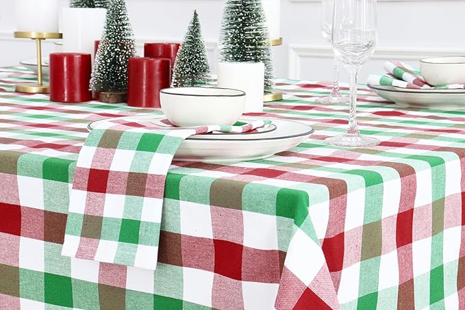 PurpleEssences Buffalo Plaid Cloth Napkins - Mitered Corners - Spring Easter Summer - Gingham Check Dinner Napkin - Set of 12-100% Cotton - 18x18 Inch - Reusable Washable - Red Green White