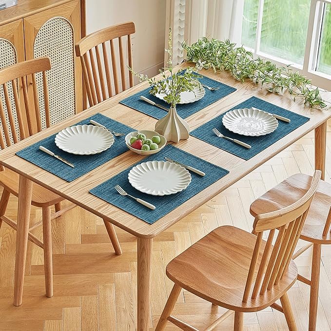 Softalker Faux Linen Placemats Set of 4-12 x 18 Inch, Heat Resistant Double Layered Durable Burlap Farmhouse Place Mats, Non-Slip Washable Rustic Table Mats for Dining, Kitchen, Party(Teal