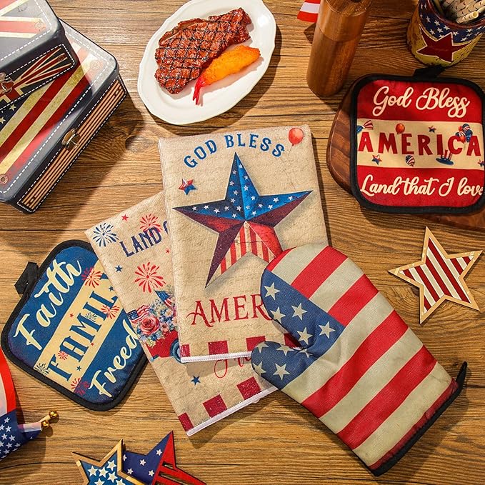 Peryiter 5 Pcs 4th of July Kitchen Towels Pot Holders and Oven Mitt Set Patriotic Retro 2 Dish Towels 2 Square Potholders 1 Heat Resistant Glove for Cooking Baking Gifting Home (Patriotic)
