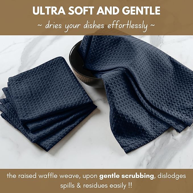 Native Fab 12 Pack Waffle Dish Cloths - 100% Cotton, Absorbent, Quick Drying, Reusable Towels for Cleaning, Cooking, Baking - Great for Home, Restaurants, Versatile Use - 12"x12" - Navy Blue