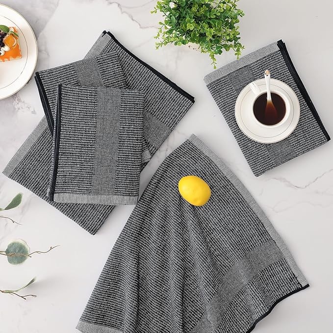 Mordimy Premium Kitchen Towels 8 Pack (18 x 28 Inches, Black), Large Cotton Kitchen Hand Towel, Flat & Terry Dish Towels for Drying Dishes, Super Absorbent Tea Dishtowels Set with Hanging Loop