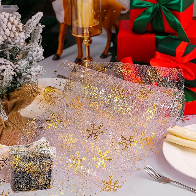 Snowkingdom 2 Pcs Christmas Snowflake Gold Table Runner Sparkly Golden Metallic Foil Runners Decorations Glitter for Winter Festival Holiday Home Party Seasonal