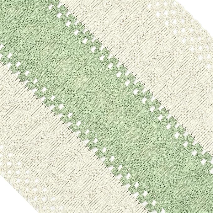 Boho Table Runner for Home Decor with Tassels 72 Inches Long , Farmhouse Rustic Green Table Runners for Bohemian Kitchen Dining Table(12x72in)