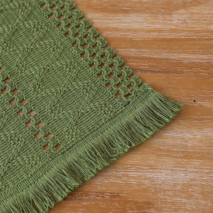 Keketoarrange Boho Sage Green Table Runner for Spring Home Decorations 12x72 Inches Farmhouse Small Macrame Woven Burlap Rustic Coffee Dresser Table Runner Dining Kitchen Centerpiece Bohemian Decor