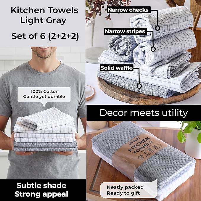 Highly Absorbent Cotton Kitchen Towels for Drying Dishes - Set of 6 Dish Towels - Narrow Light Gray Stripes Plaid Waffle Dishtowels - 18"X28" Large Lint Free Linen Tea Hand Bulk T Towls
