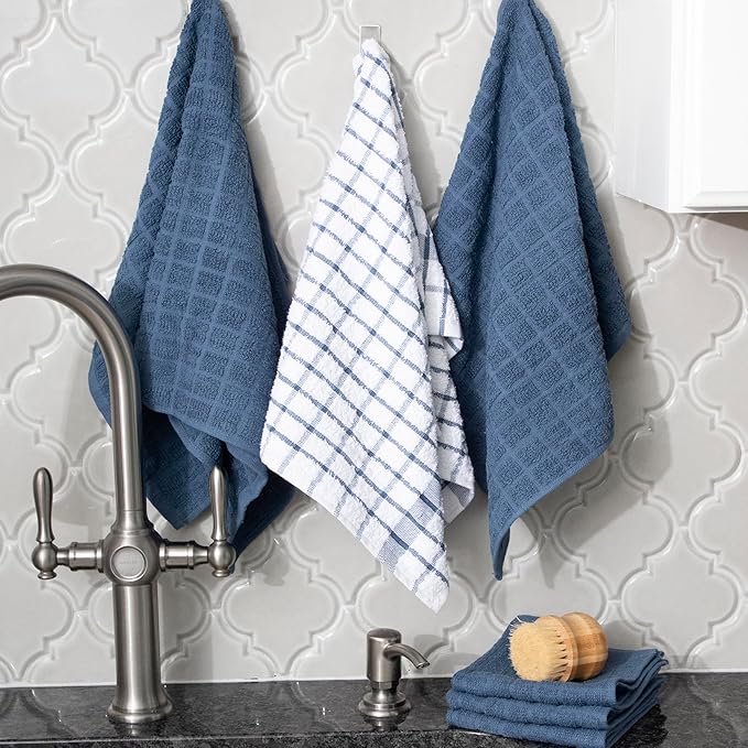 Ritz Premium Kitchen Towel and Dish Cloth Value Set: Highly Absorbent, Super Soft, Long-Lasting, 100% Cotton Checked and Solid Hand Towels, Tea Towels, Bar Towels - 12-Pack, Federal Blue/Graphite