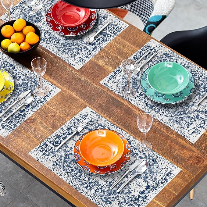 Navy Blue Gray Boho Placemats Set of 6 Ethnic Bohemian Carpet Place Mats Washable Kitchen Dining Vintage Grey Geography Floral Linen Table Mats Stain Heat-Resistant for Home Party Indoor 12x18 in