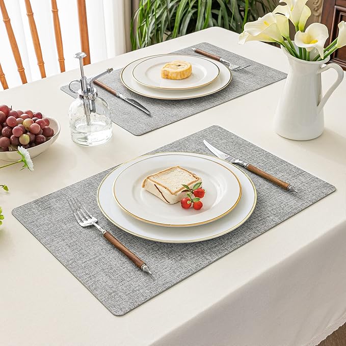 Romanstile Vinyl Placemats Set of 6-12 X 17 Inch - Faux Leather 100% Waterproof Oil-Proof Wipeable Place Mats, Heat Resistant Reversible PU Table Mats for Kitchen Dining Party Outdoor, Light Grey