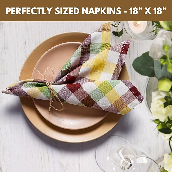 Native Fab Multi Color Check Cloth Napkins - Set of 4, 100% Cotton, 16x16 inch, Soft, Absorbent, Washable & Reusable Table Napkins for Dinner, Holiday, Farmhouse, Gift - Burgundy, Yellow, Rust, Green