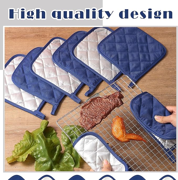 Bokon 24 Pcs Pot Holders for Kitchen, Blue Potholders Sets, Heat Resistant Cotton Hot Pad Oven Mitts Trivet with Hanging Loops for Baking Cooking