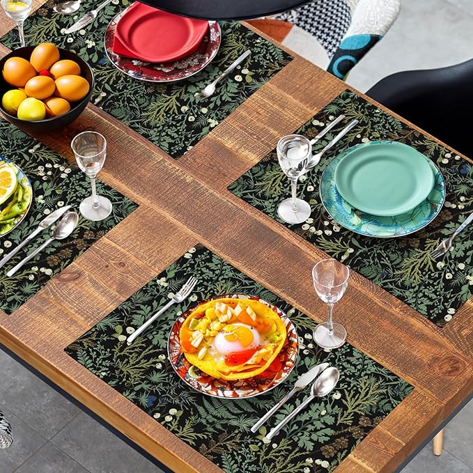 Black Sage Green Leaves Placemats Set of 4 Vintage Botanical Fern Leaf Floral Place Mats Farmhouse Heat Resistant Washable Kitchen Dining Linen Table Mats for Home Party Decor 12x18 Inch