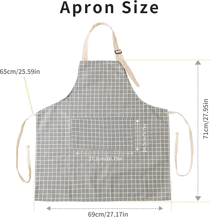 Tosewever 2 Pieces Kitchen Cooking Aprons, Waterproof Linen Adjustable Bib Aprons with 2 Pockets for Women Men Chef (Grey Stripes/Plaids, 2)
