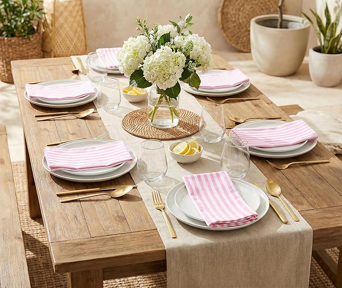 PurpleEssences Plain Striped Cloth Napkins - Set of 12-100% Cotton - 18 x 18 Inch - Spring Easter Summer and Perfect Everyday Use Dinner Napkin - Blush Pink and White