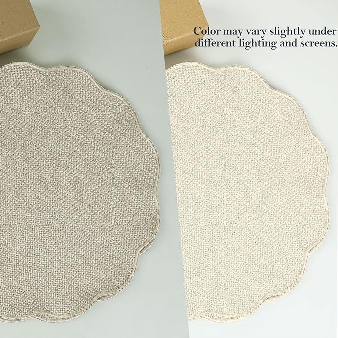 AHHFSMEI Round Faux Linen Placemats Set of 6 Waterproof Table Mats Heat Resistant Non-Slip and Stain Proof for Kitchen Dining Elegant Decor (Beige,6)