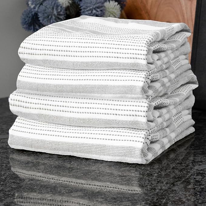 T-Fal Skipping Stripe Dual Kitchen Towel, 18" x 28", Highly Absorbent 100% Cotton, 4-Pack, Graphite