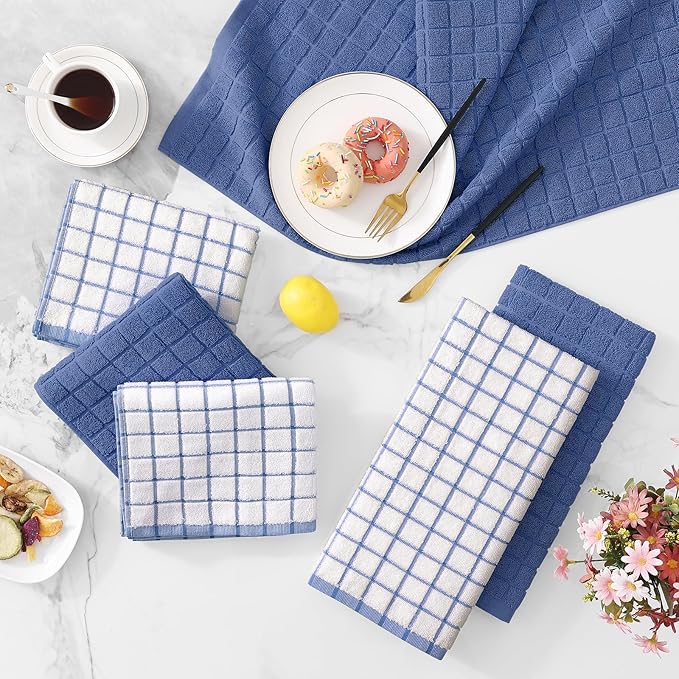 Homaxy Premium Cotton Kitchen Towels 16"x 28", Large Natural Ring Spun 390 GSM Dish Towels, Super Absorbent Terry Kitchen Hand Towels, Soft Tea Towels with Hanging Loop, Navy Blue Check Design, 6 Pack