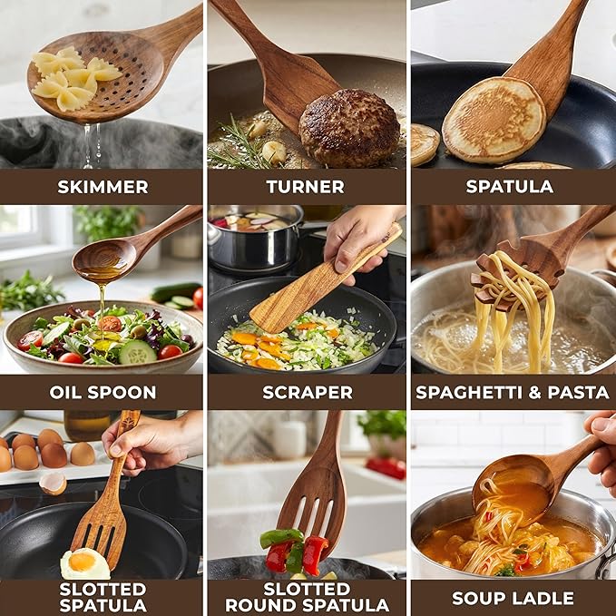Wooden Spoons for Cooking – 13 Pcs Premium Teak Wooden Utensil Set - Durable, Safe for Nonstick Cookware, Easy to Clean & Heat Resistant Kitchen Utensils Set Wood with Ergonomic Handles