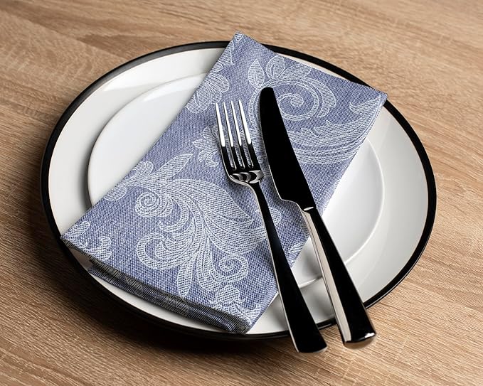 Encasa XO Blue Cloth Napkins Set of 12, 18x18 in | Floral Jacquard Homespun Cotton Dinner Napkins | Washable & Reusable Wedding Napkins for Holiday Dining, Parties, & Everyday Table Décor