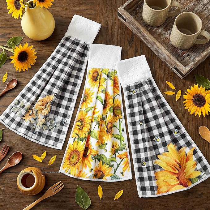 Tegeme 6 Pcs Hanging Kitchen Towels with Loop, Absorbent Hand Tie Towels Microfiber Decorative Fast Drying Kitchen Hanging Towel for Home Bathroom(Sunflower)