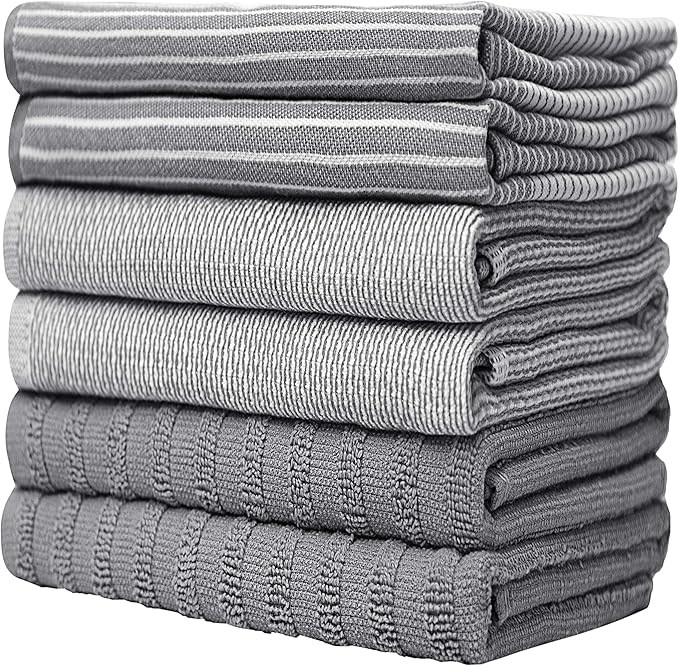 Premium Kitchen Towels (20”x 28”, 6 Pack) | Large Cotton Dish Towels | Flat & Terry Highly Absorbent Kitchen Linen Set with Hanging Loop | Gray