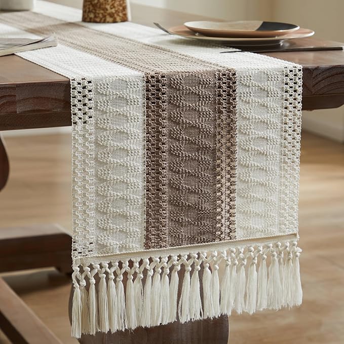 ZeeMart Macrame Style Bicolor Stitching Table Runner, 14 x 72 Inch Cocoa Brown/Ivory, Boho Brown Table Runners 72 Inches Long, Farmhouse Woven Home Decor