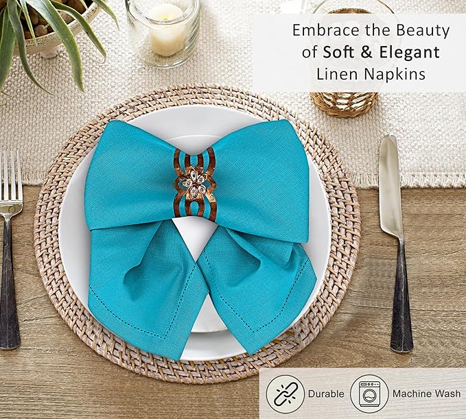 Ruvanti Premium Linen Napkins Set of 6-20x20 Inch, Classic Hemstitch, Mitered Corner Cloth Napkins - Soft, Elegant Dinner Napkins Cloth Washable for Weddings, Parties, Everyday Use - Blue