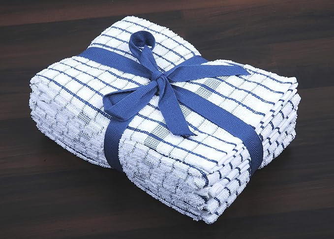 AMOUR INFINI Kitchen Towels Set of 4 - Highly Absorbent, Super Soft Terry Cotton 20x28 Inch Dish Towels with Hanging Loop - Hand & Tea Towels for Cleaning & Drying Dishes (Blue)