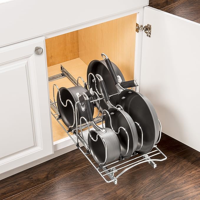 LYNK PROFESSIONAL® Pull Out Cabinet Organizer for Pots and Pans – Under Cabinet Pots and Pans Organizer – Cabinet Slide Out Shelves – Pot and Pan Lid Organizer Rack for Cabinet - 11" W x 21" D, Chrome