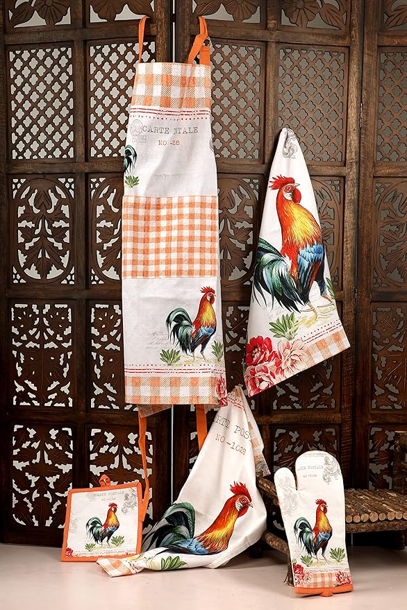 AMOUR INFINI Cotton Aprons for Women with Pocket, Adjustable Strap & Waist Ties - Washable Aprons for Baking, Cooking, Gardening (27.5 x 33 Inches - Farm Rooster)