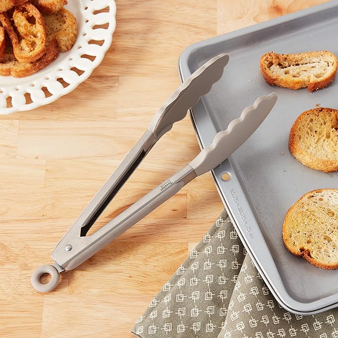 Tovolo Kitchen Tongs with Silicone Tips 9 Inch for Cooking Mixing and Serving, Easy Clean Dishwasher Safe Silicone Tipped Tongs with Locking Stainless Steel Heat Resistant, Warm Gray