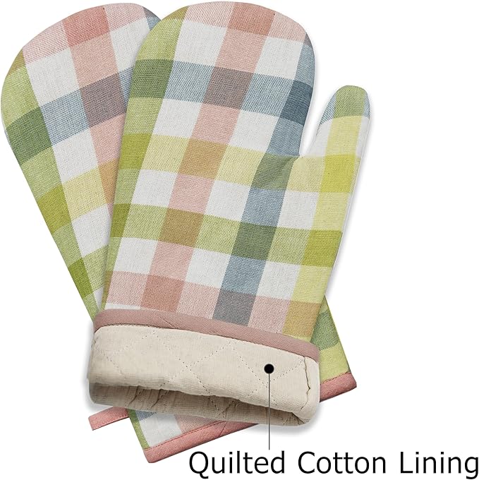COTTON CRAFT Oven Mitt and Pot Holder Set - Gingham Buffalo Check 2 Oven Mitts 2 Pot Holders Set - Easter Spring Cotton Extra Long Mitt - Insulated Heat Resistant Quilted Kitchen Glove - Yellow Multi