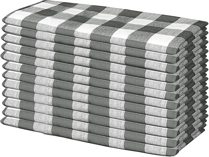 Napkin 100% Cotton 18 Inch x 18 Inch Dinner Napkins, Gingham Buffalo Check Plaid Decorative Washable Cloth Napkin Set of 12 for Dining, Buffet Parties & Camping - Grey White