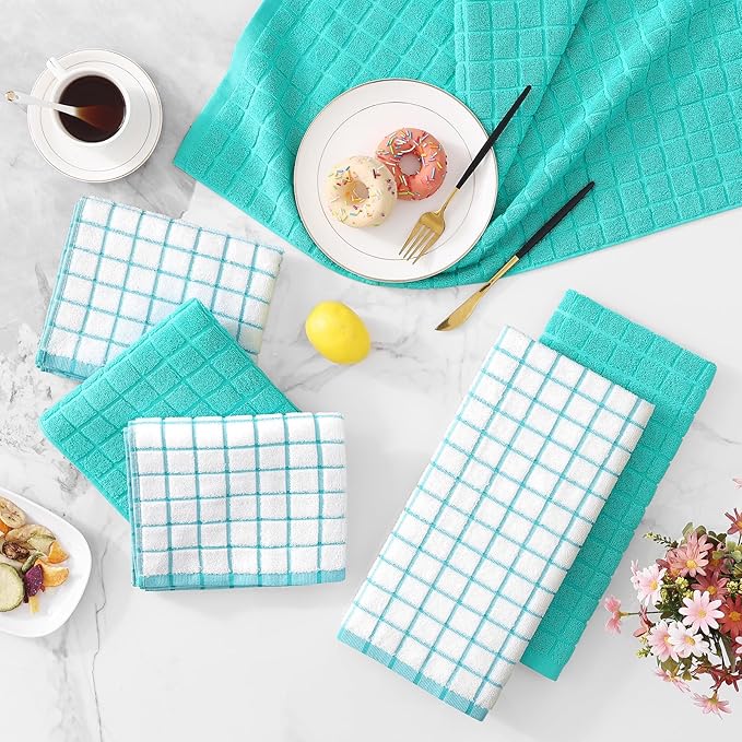 Homaxy Premium Cotton Kitchen Towels 16"x 28", Large Natural Ring Spun 390 GSM Dish Towels, Super Absorbent Terry Kitchen Hand Towels, Soft Tea Towels with Hanging Loop, Aqua Check Design, 6 Pack