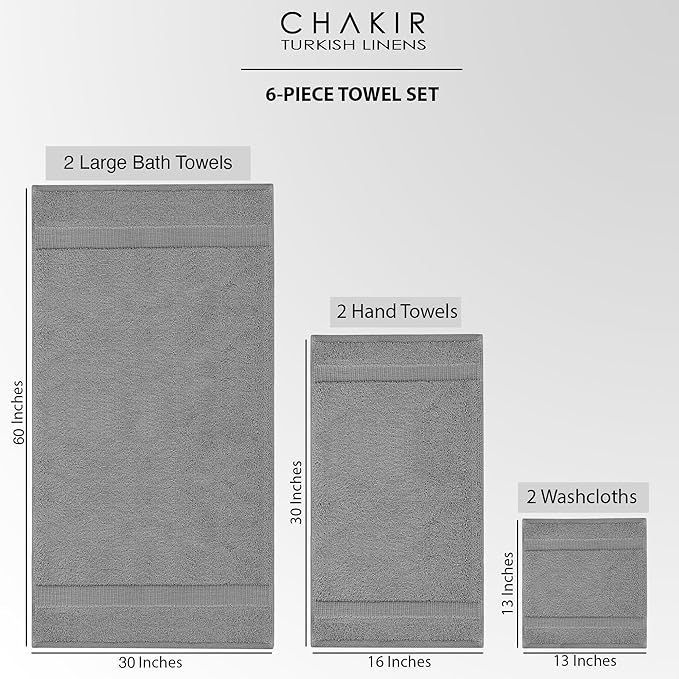 Chakir Turkish Linens 100% Cotton Premium Turkish Towels for Bathroom, 2 Large Bath Towels 36x60, 2 Hand Towels, 2 Washcloths (6-Piece Towel Set, Gray)