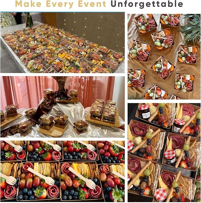 Leafiew 50 Pack Small Charcuterie Boxes with Clear Lids - To Go Paper Mini Charcuterie Box, Disposable Food Containers, 5Inch Dessert Boxes - Sandwich, Cookie, Sushi, Cake Slice, Strawberries (Orange)