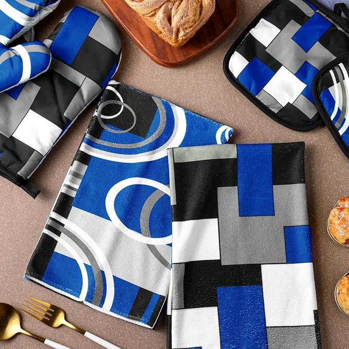 Jingmore 6 Pcs Kitchen Decor Set Accessorie Farmhouse Kitchen Towels Pot Holders Oven Mitts Set 2 Dish Towels 2 Pot Holders 2 Cooking Mittens Oven Glove for Cooking(Blue and Black,Geometric)