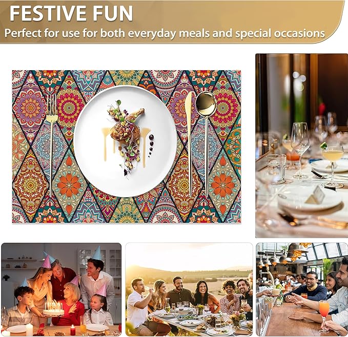 Set of 6 Washable Colorful Bohemian Placemats Non-Slip Heat-Resistant 12x18 Inch Thick DecorativeLinen Table Mats for Dining Table Home Décor
