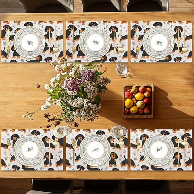 Dog Dachshund Placemats Set of 6, Grey Paws Waterproof Non-Slip Washable Table Mats for Kitchen Dining Holiday Party Wedding Decor 12x18 Inch