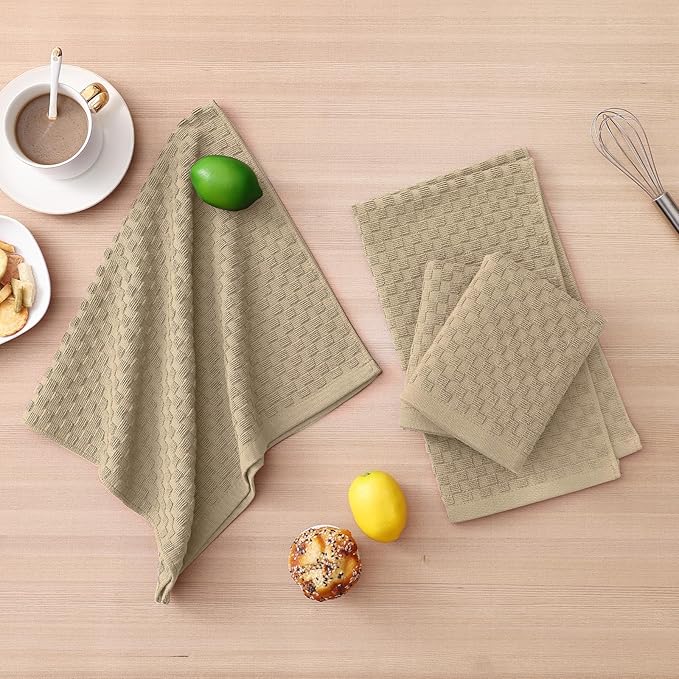 Homaxy 100% Cotton Kitchen Towels and Dishcloths Set, 12 x 12 & 15 x 25 Inches, Set of 8 Bulk Terry Cloth Dish Towels, Super Soft and Absorbent Hand Towel with Hanging Loop, Tan