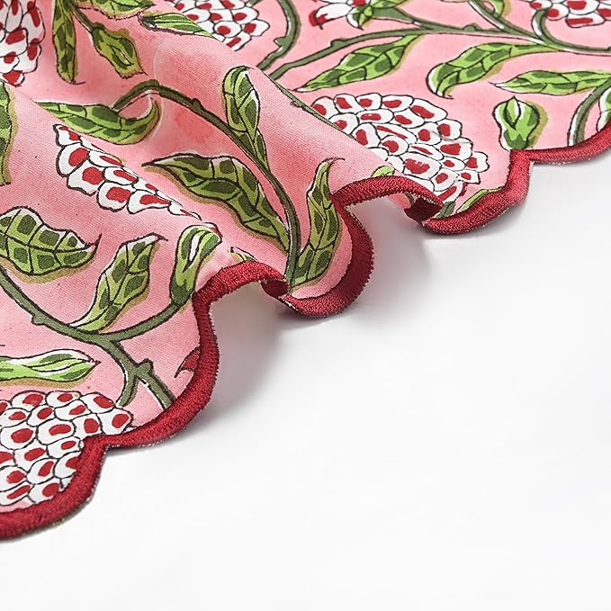 Ridhi Hand Block Print Strawberry Pink 18" x 18" (Set of 4) Embroidery Table Napkins Reusable Cotton Dinner Napkins for Weddings, Parties, Everyday Dining Gift for Spring, Easter, Valentine