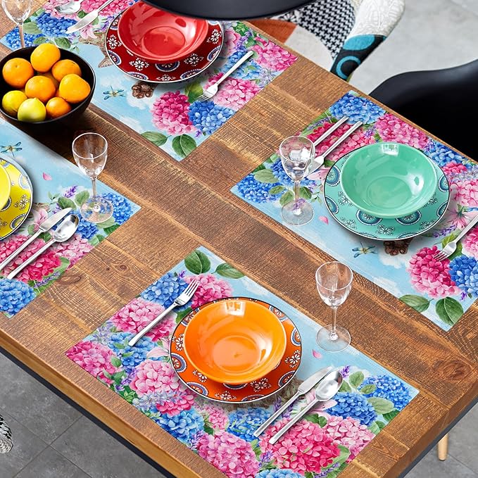 Hydrangea Flowers Cat Spring Placemat Set 12x18 in Seasonal Holiday Table Mats for Party Kitchen Dining Decoration