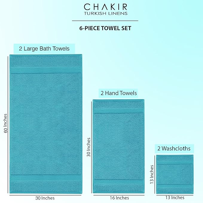 Chakir Turkish Linens 100% Cotton Premium Turkish Towels for Bathroom, 2 Large Bath Towels 36x60, 2 Hand Towels, 2 Washcloths (6-Piece Towel Set, Aqua)